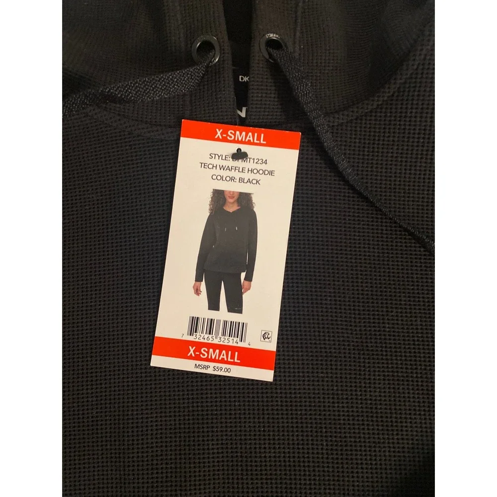 DKNY Tech Waffle Hoodie Black Long Sleeve Thermal Pullover Womens XS Casual - Picture 3 of 9